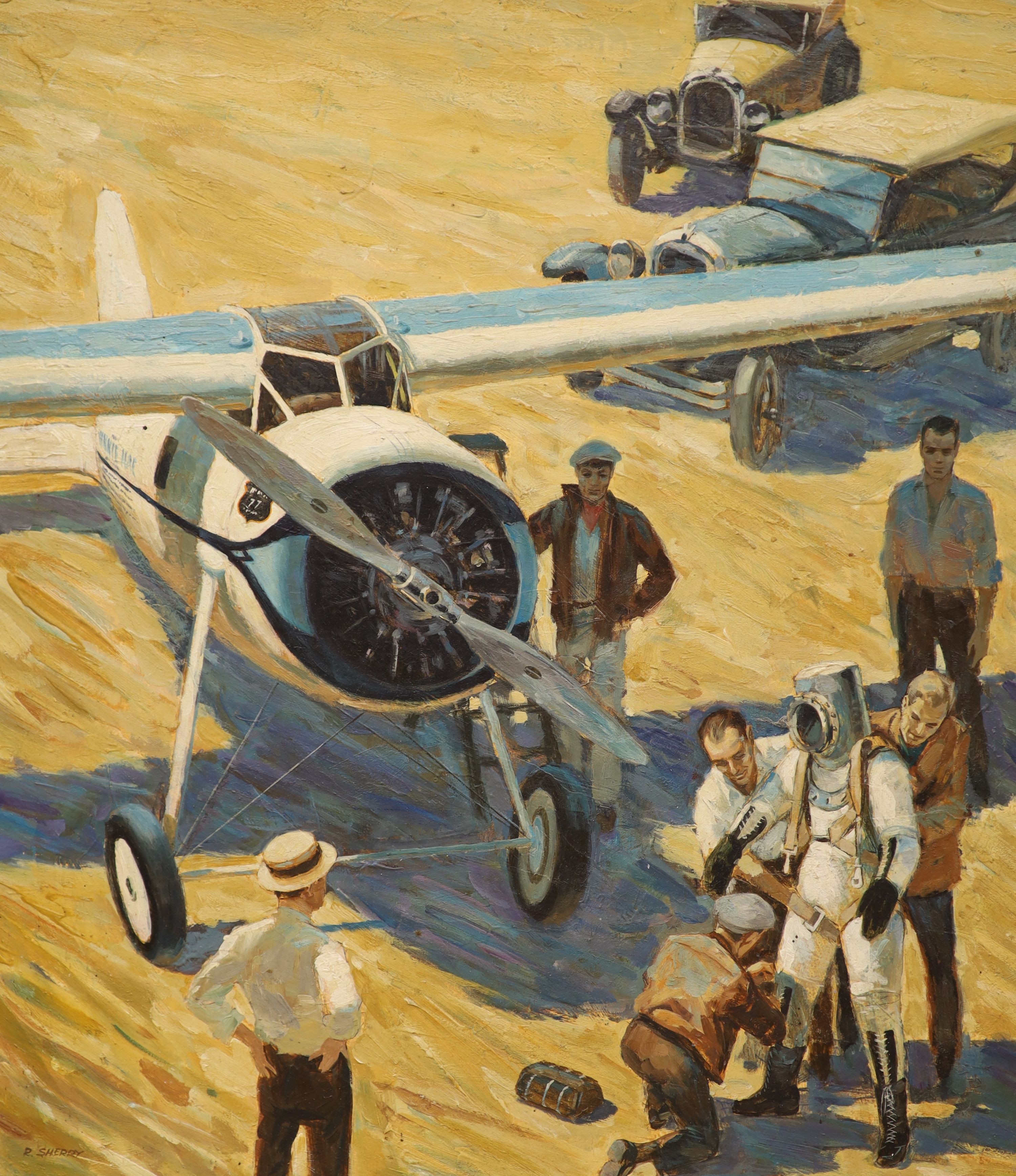 Robert C. Sherry, oil on board, Light General Precision, Illustration of a Wiley Post alongside aircraft Winnie May, signed, 57 x 50cm